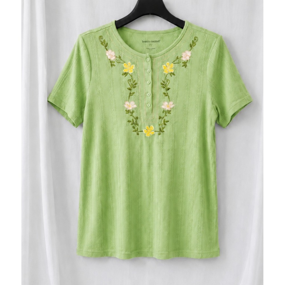Woman Within Floral Embroidered Henley Top Womens M 14 16 Green Short Sleeve